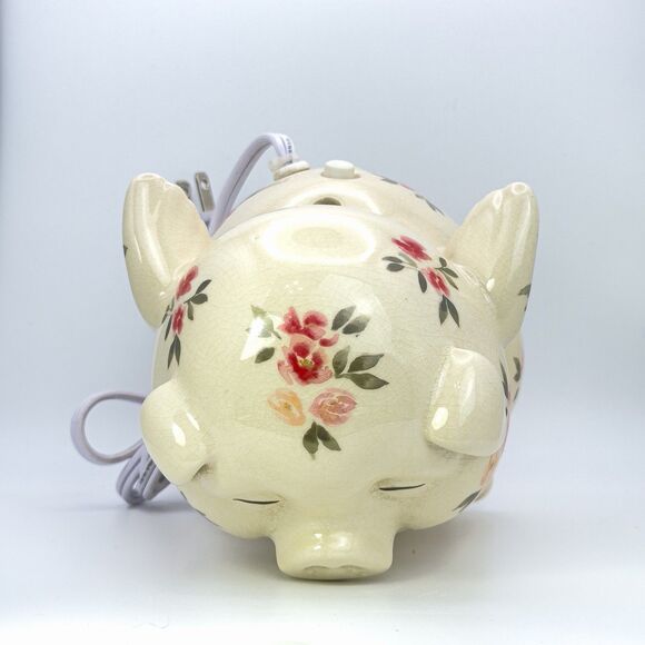 VTG. FLYING ANGEL PIG NIGHT LIGHT RED&PINK FLORAL CRACKLED FINISH WORKS GREAT. - Picture 9 of 10